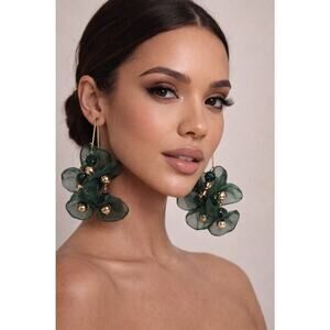 nOir Green Organza Petal Earrings with Gold Beads